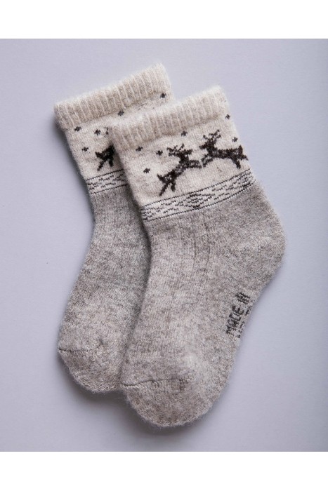 Детские носки из 100% монгольской шерсти серые с рисунком "олени"